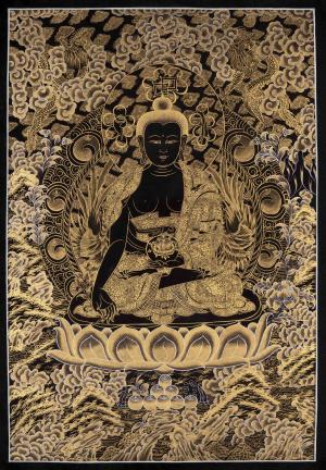 Black and Gold Style Medicine Buddha | Original Hand-Painted Tibetan Thanka